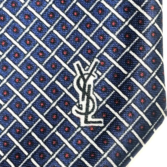 Yves Saint Laurent YSL Paris Tie 100% Silk Handmade Blue Geometric Grid Pattern - Picture 4 of 9